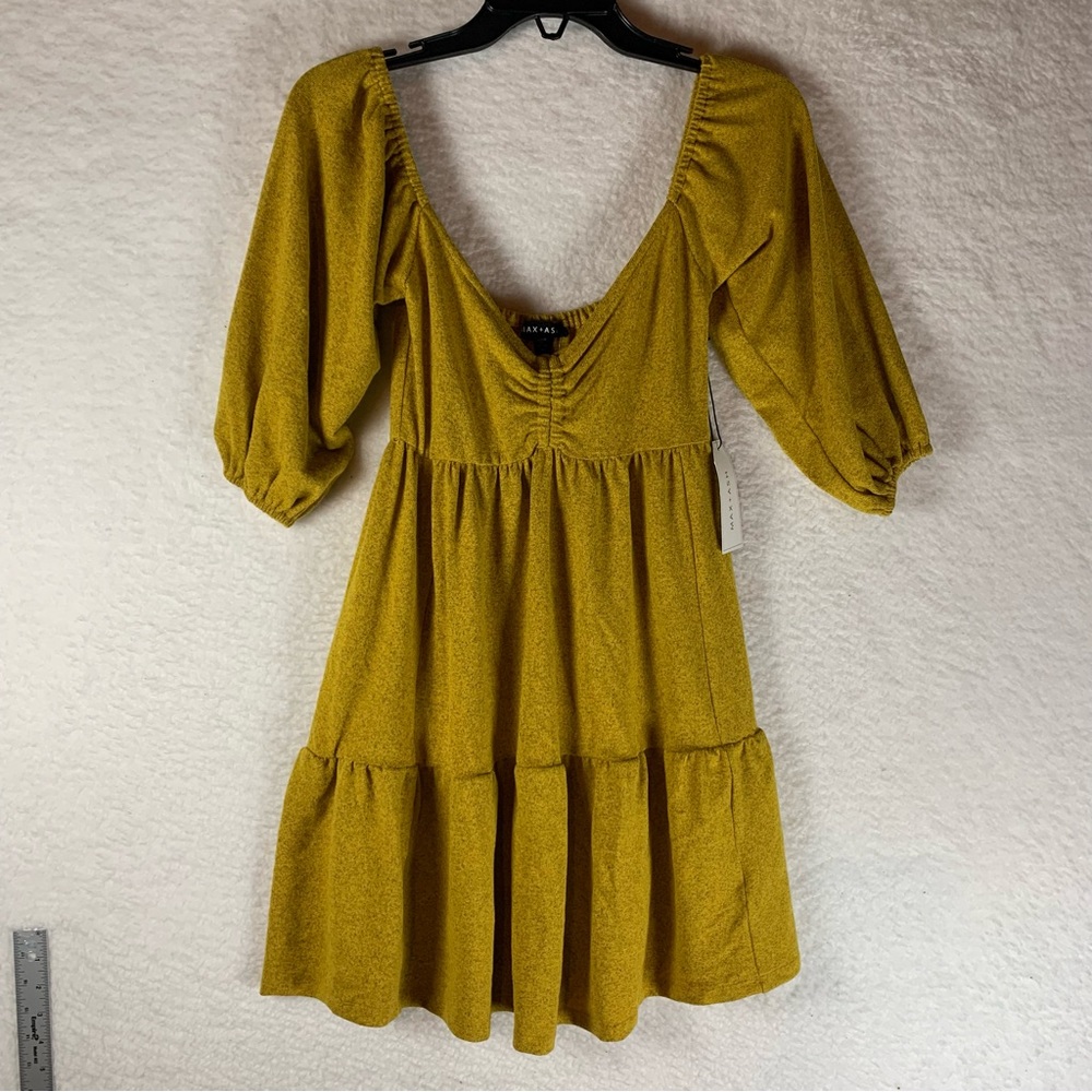 Max + Ash Mustard Puff Sleeve Sweetheart Neck Peplum Mini Dress Size XS NWT 5678